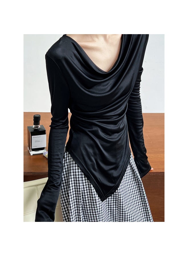 Luxi High-end Design Sense Pile Collar Irregular Long-sleeved Acetate T-shirt Women's Bottoming Shirt Top 2605 - Image 2
