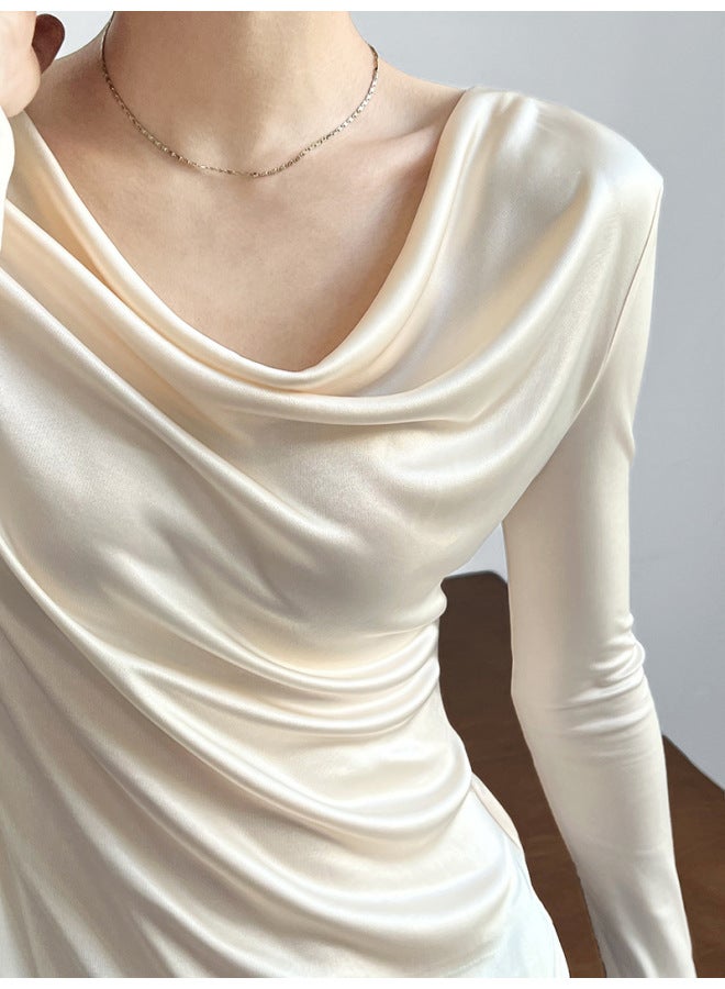 Luxi High-end Design Sense Pile Collar Irregular Long-sleeved Acetate T-shirt Women's Bottoming Shirt Top 2605 - Image 1