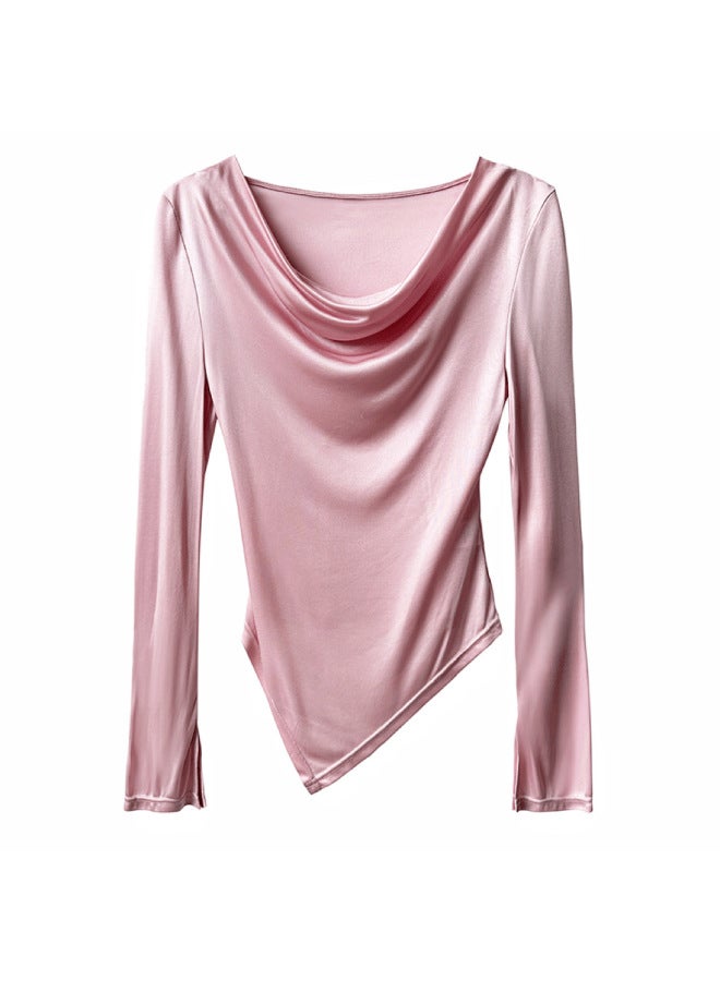 Luxi High-end Design Sense Pile Collar Irregular Long-sleeved Acetate T-shirt Women's Bottoming Shirt Top 2605 - Image 5