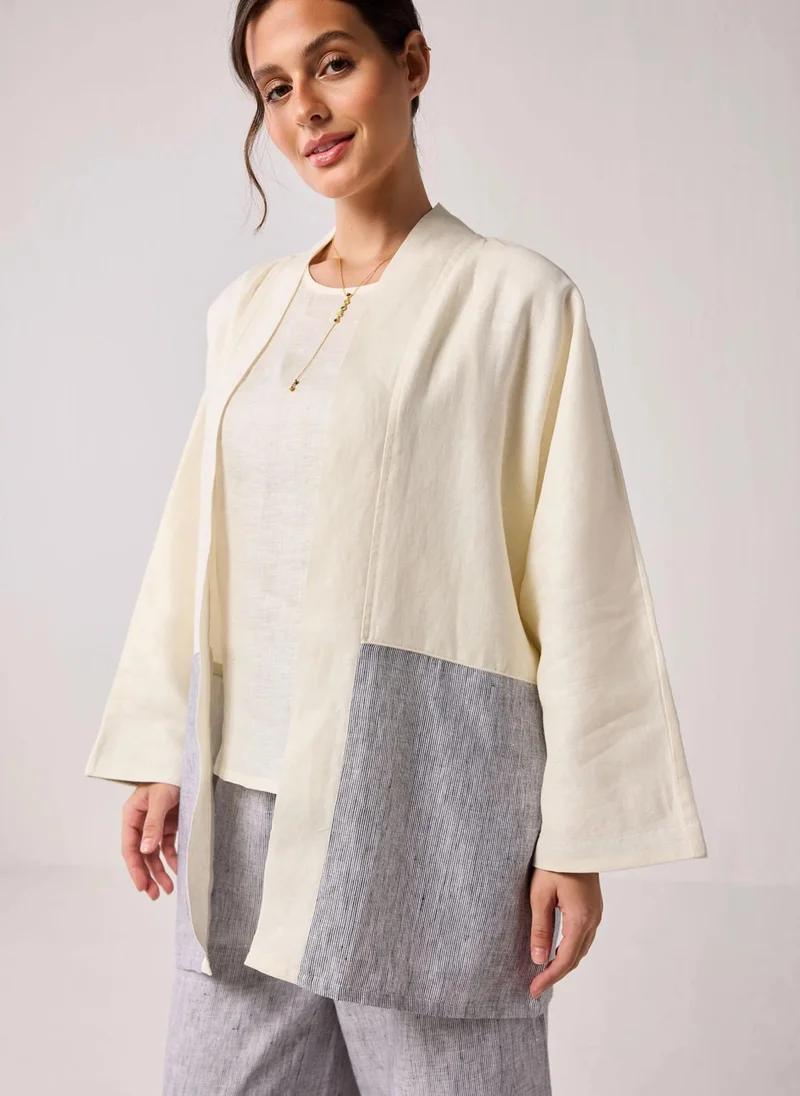 Noor  Oversized Hemp Overlay With Kimono Sleeves In Off-White And Pin Stripes for Women | Best Price UAE