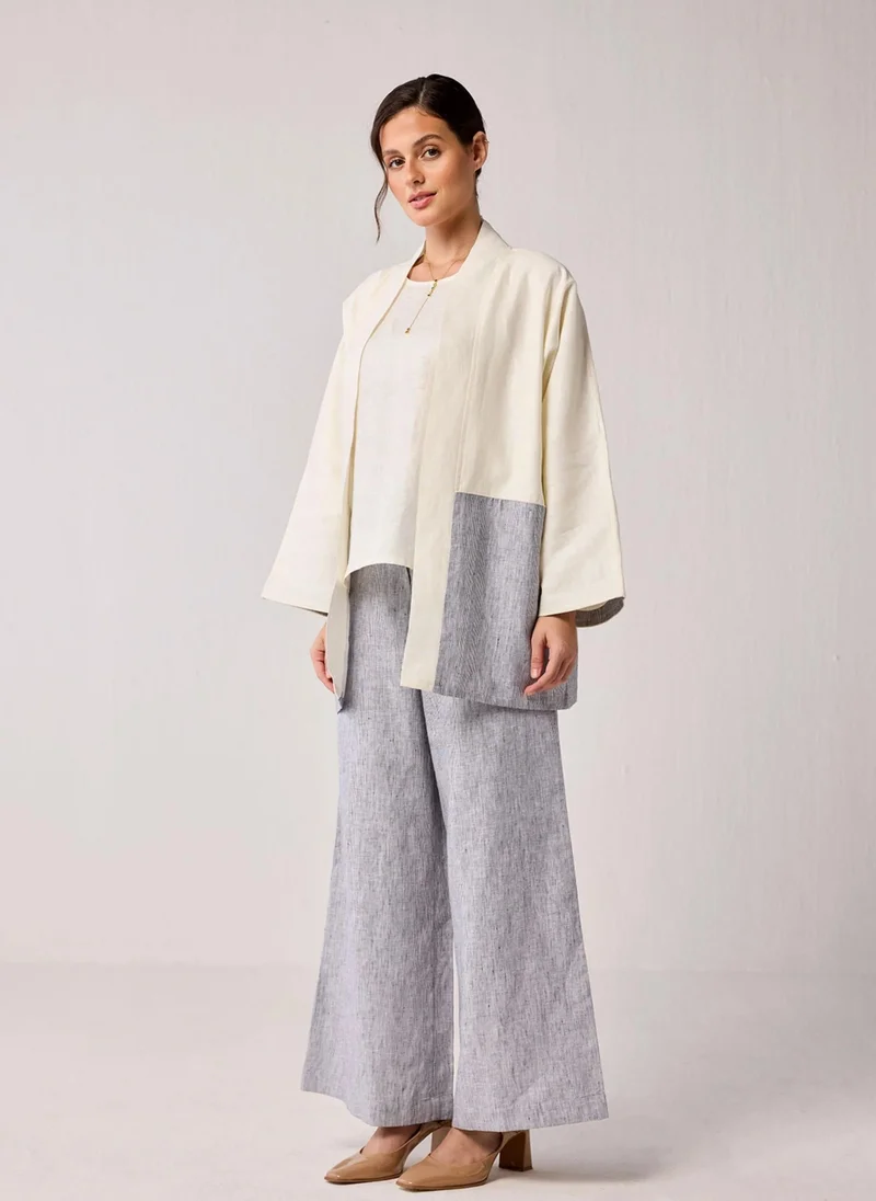 نور Oversized Hemp Overlay With Kimono Sleeves In Off-White And Pin Stripes