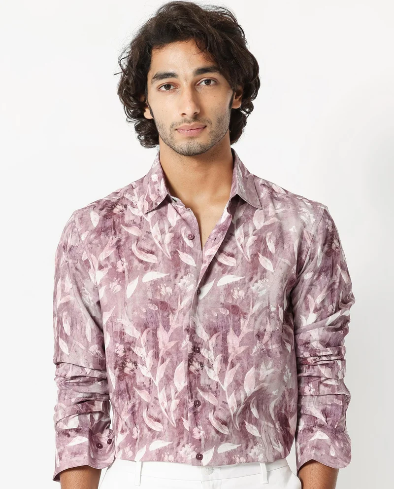 Rare Rabbit Rare Rabbit Men's Biskra Light Grey Viscose Fabric Full Sleeves Tropical Print Shirt