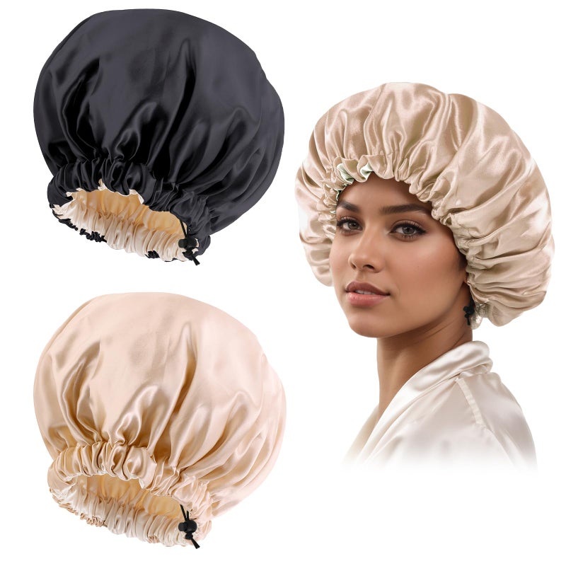 Edoneery Satin Silk Bonnet for Curly Hair Bonnet Braid Bonnet for Sleeping Bonnets for Women Large DoubleLayer AdjustableBlackChampagne - Image 2