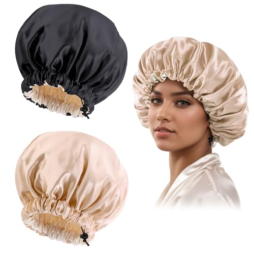 Edoneery Satin Silk Bonnet for Curly Hair Bonnet Braid Bonnet for Sleeping Bonnets for Women Large DoubleLayer AdjustableBlackChampagne - Image 1