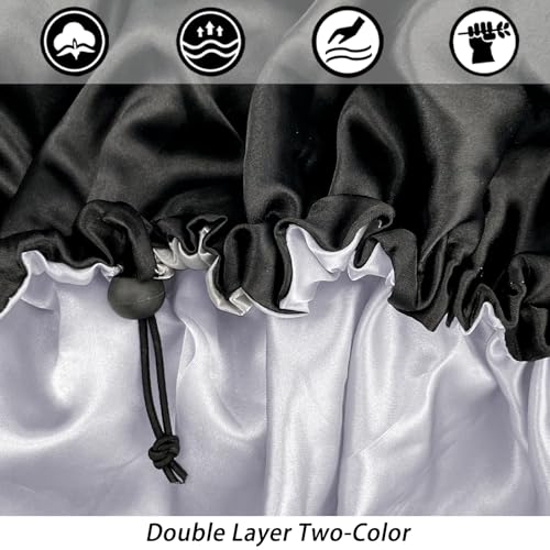 Edoneery Satin Silk Bonnet for Curly Hair Bonnet Braid Bonnet for Sleeping Bonnets for Women Large DoubleLayer AdjustableBlackChampagne - Image 3
