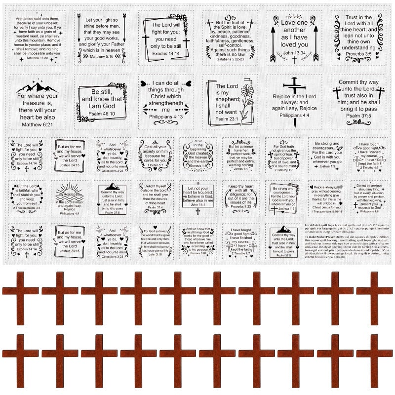 Fanfanwin Pocket Prayer Quilt Panel Squares with Small Wooden Crosses Mini Scripture Pocket Prayer Quilt for Friend Family Religious Spiritual Gift Easter Reward Gift(Cute,Brown) - Image 1