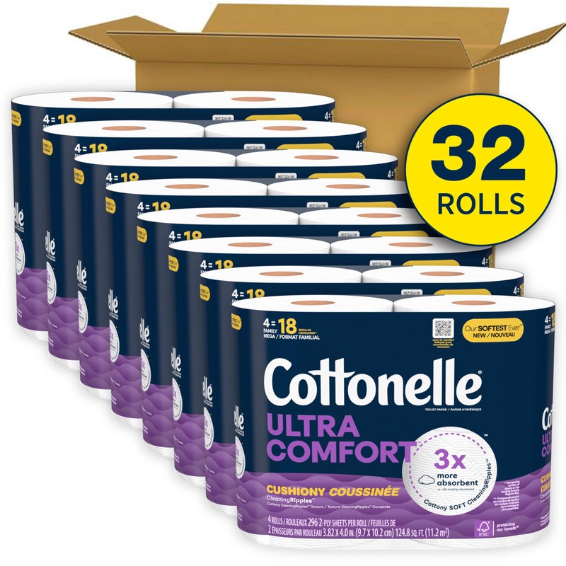 Cottonelle ورق تواليت كوتونيل ألترا كومفورت مع نسيج تنظيف مريح، 32 لفة عائلية ضخمة (32 لفة عائلية ضخمة = 144 لفة عادية) (8 عبوات من 4)، 296 ورقة لكل لفة - Image 2