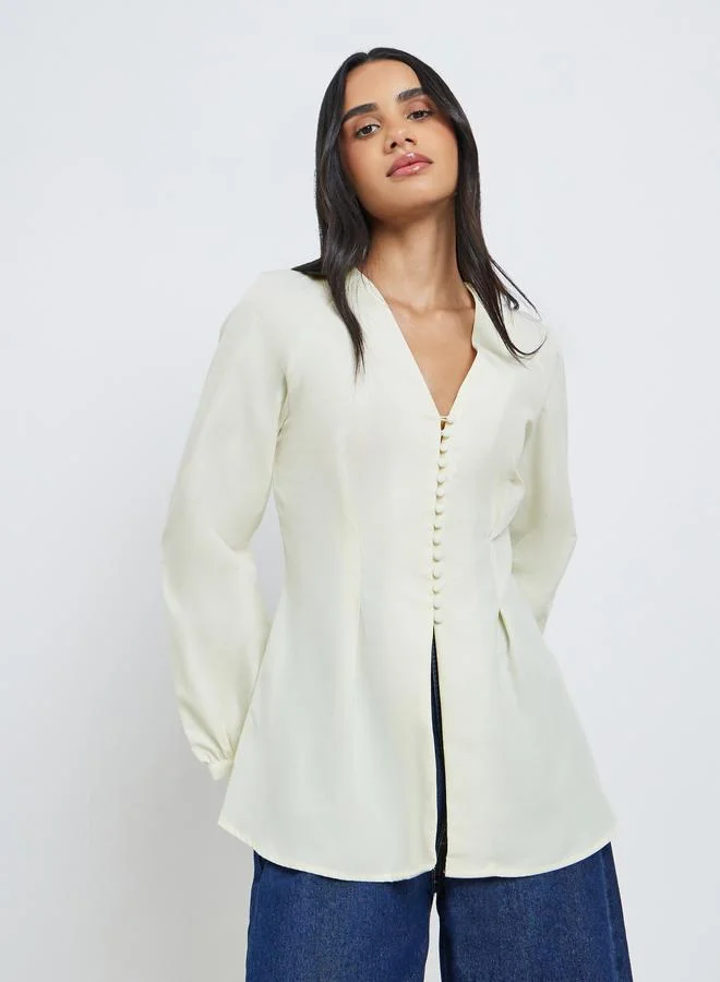 Styli Styli Solid Balloon Sleeve Buttoned Blouse