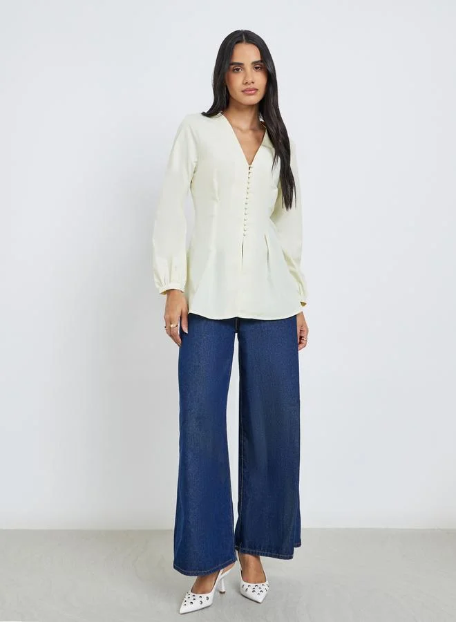 Styli Styli Solid Balloon Sleeve Buttoned Blouse