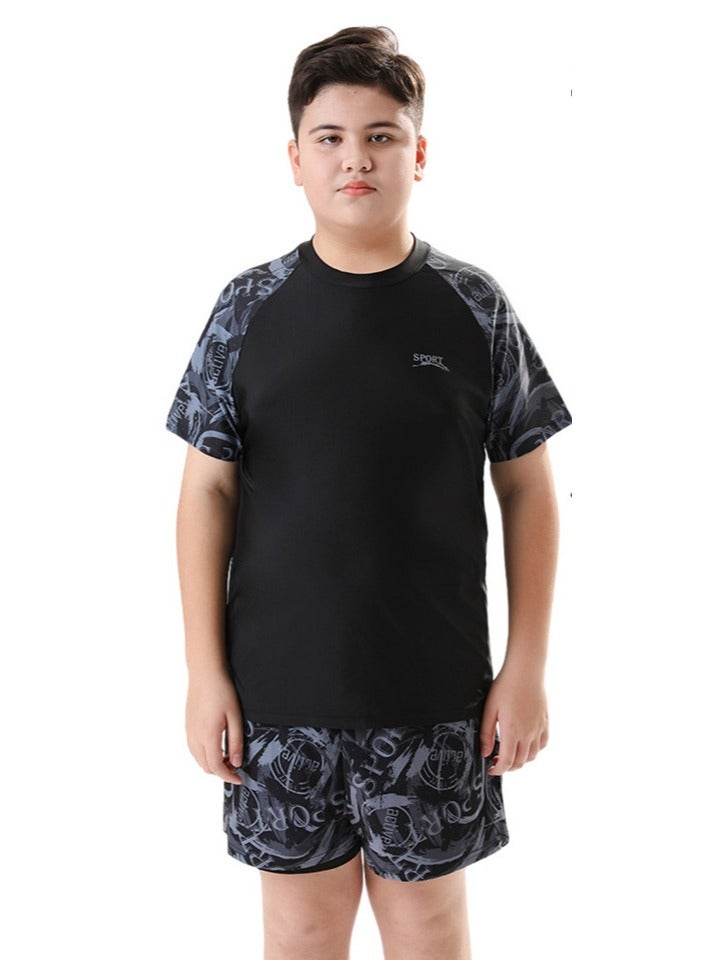 Loquat Boys Quick Dry Split Swimsuits Set Short Sleeve Swim Shirts ,Swim  Trunks With Compression Liner 2 Piece Swim Set - Image 2