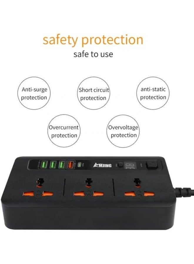 JAJEEK Universal Power Strip with Surge Protector, 6 Outlets, 3 USB Ports, 1 Type-C Port - Home, Office, Kitchen Extension Cord - Image 2