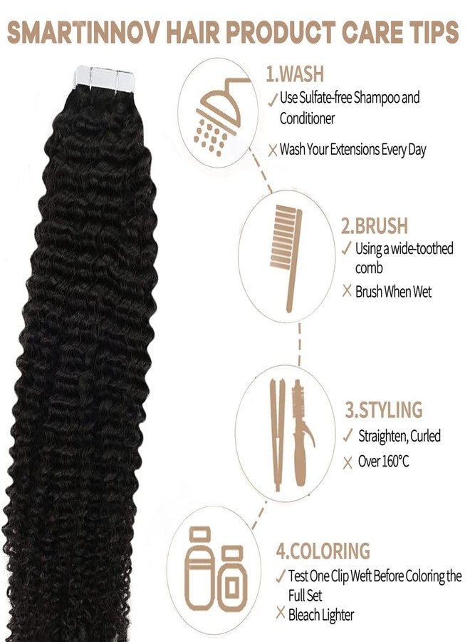 Smartinnov Deep Curly Tape in Extensions Human Hair Seamless 20 Inches Skin Weft Curly Wave Natural Black Real Remy Hairs for Black Women Double Sided PU Tape on Extension for 3C Hair 20 Pcs 50g/Pack - Image 5