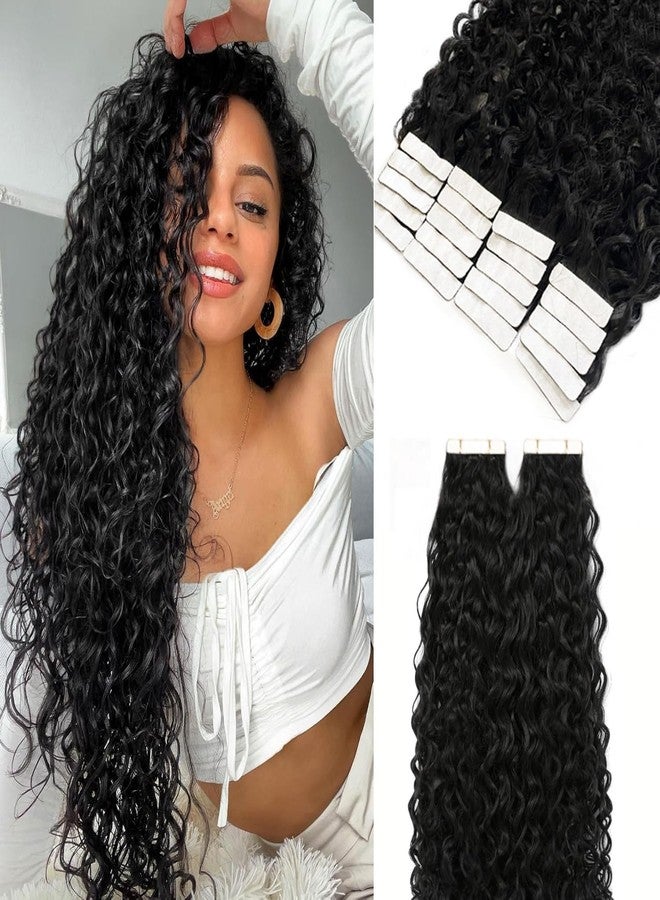 Smartinnov Deep Curly Tape in Extensions Human Hair Seamless 20 Inches Skin Weft Curly Wave Natural Black Real Remy Hairs for Black Women Double Sided PU Tape on Extension for 3C Hair 20 Pcs 50g/Pack - Image 1
