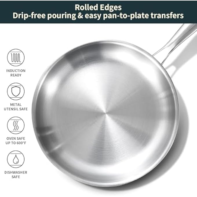 ريحني مقلاة كاملة الطبقات من الفولاذ المقاوم للصدأ مقاس 10 بوصات، متوافقة مع جميع المواقد حتى 600 درجة فهرنهايت، مقلاة متينة آمنة للاستخدام في الفرن، مقلاة 1810 للطهي، مقلاة ChefS للمطبخ، مقلاة عجة ذات قاعدة مسطحة - Image 4
