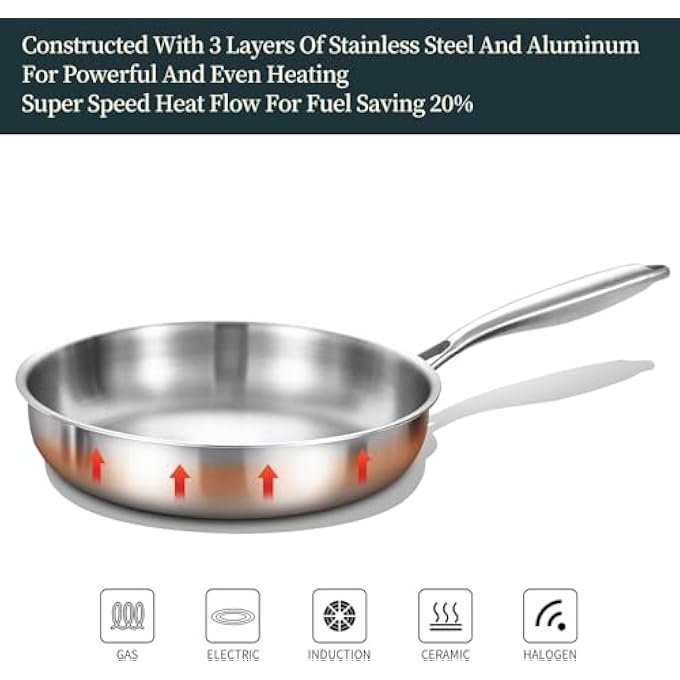 ريحني مقلاة كاملة الطبقات من الفولاذ المقاوم للصدأ مقاس 10 بوصات، متوافقة مع جميع المواقد حتى 600 درجة فهرنهايت، مقلاة متينة آمنة للاستخدام في الفرن، مقلاة 1810 للطهي، مقلاة ChefS للمطبخ، مقلاة عجة ذات قاعدة مسطحة - Image 3