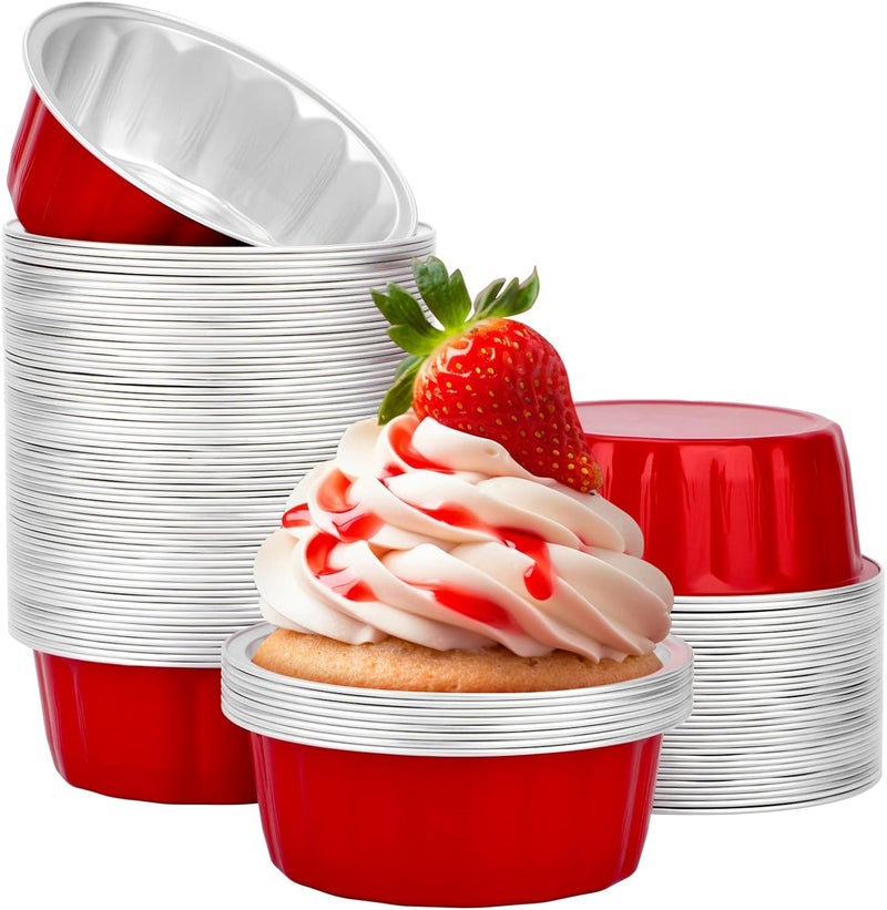 Beasea Disposable Aluminum Foil Cups 100 Pack, 8 oz 235ml 3.9" Bake Ramekin Cup Muffin Cupcake Baking Cup Mini Pudding Cups for Party Wedding Birthday - Red - Image 1