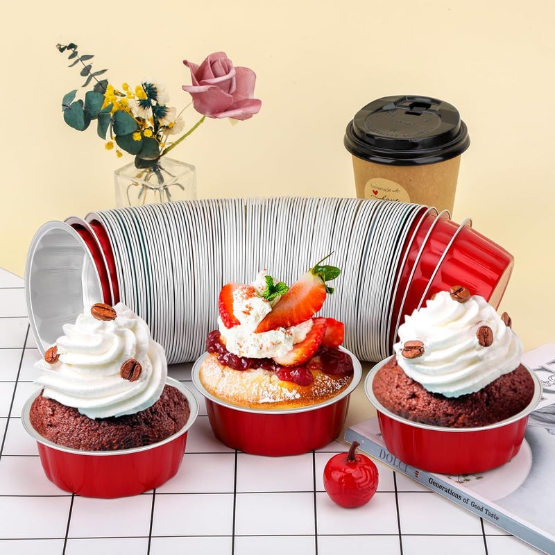 Beasea Disposable Aluminum Foil Cups 100 Pack, 8 oz 235ml 3.9" Bake Ramekin Cup Muffin Cupcake Baking Cup Mini Pudding Cups for Party Wedding Birthday - Red - Image 5