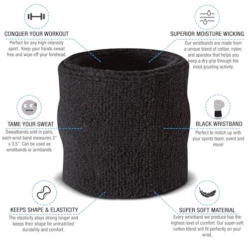 Suddora Wrist Sweatbands, Absorbent and Breathable Thick Cotton Bands for Working Out, Gymnastics, Basketball, Tennis, and Football, Multiuse Wristbands for Costumes and Cosplay, Black - Image 2