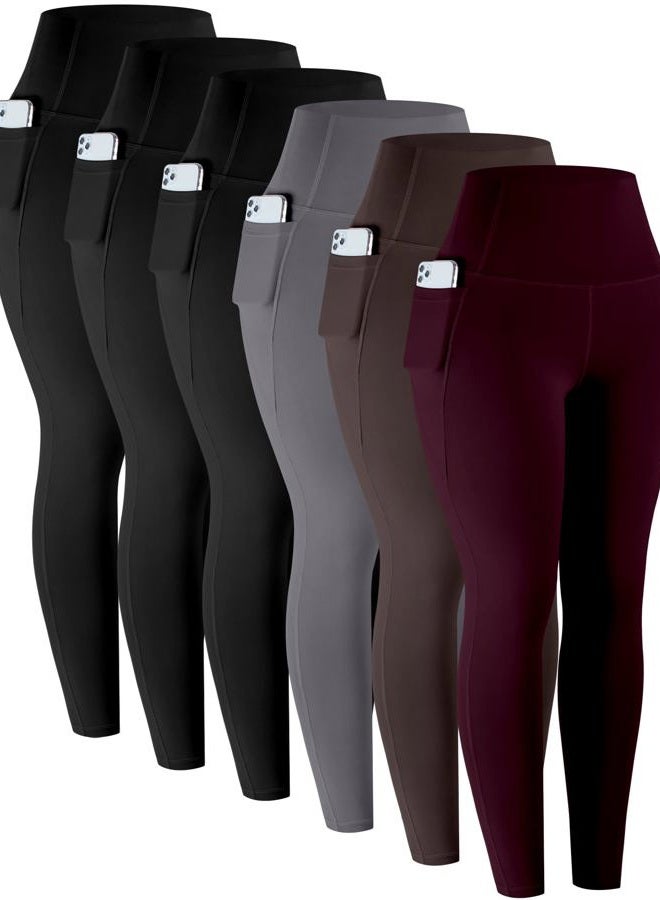 LZYVOO Leggings with Pockets for Women, 6 Packs Soft High Waisted Tummy Control Workout Yoga Pants, 6 Packs - Black,black,black,gray,brown,cassis, L - Image 1
