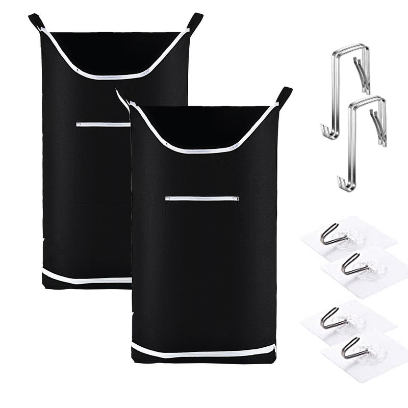 NALAN Hanging Laundry Hamper Bag Behind Door Hampers for Laundry Hanging Save Space Zipper Laundry Hamper Door Hanging with 2 PCs Stainless Steel Hooks Suction Hooks for Wall/Bathroom (Black) - Image 1