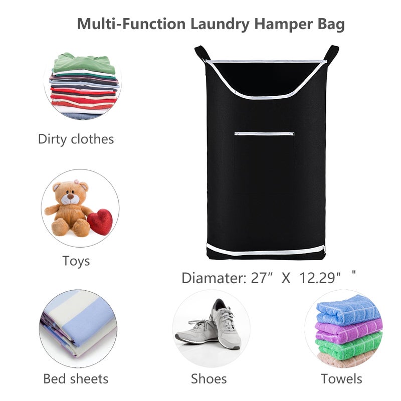 NALAN Hanging Laundry Hamper Bag Behind Door Hampers for Laundry Hanging Save Space Zipper Laundry Hamper Door Hanging with 2 PCs Stainless Steel Hooks Suction Hooks for Wall/Bathroom (Black) - Image 2