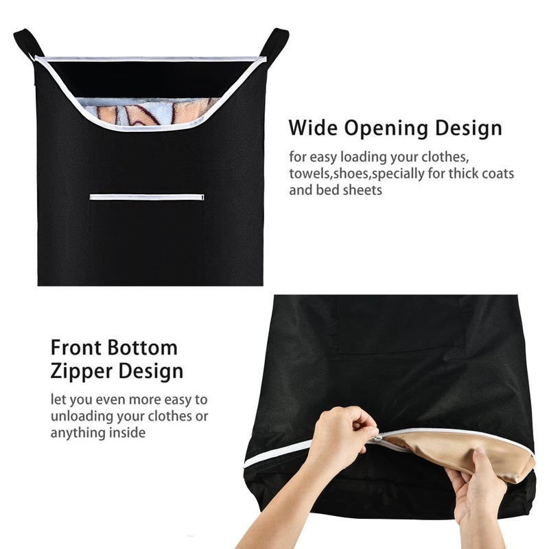 NALAN Hanging Laundry Hamper Bag Behind Door Hampers for Laundry Hanging Save Space Zipper Laundry Hamper Door Hanging with 2 PCs Stainless Steel Hooks Suction Hooks for Wall/Bathroom (Black) - Image 4