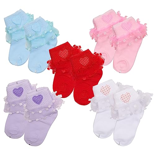 heartbury Cute And Colorful 100% Pure Cotton Baby Girls Frilly/Lace Ankle Length Socks For Girls-(Age 1-6Years) (Love-5Colors, 1-2 Years), Multicolor - Image 1