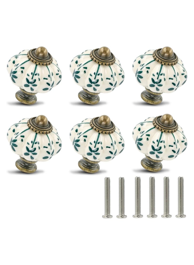 Ivory & Green Pumpkin Knobs 6 Pack Ceramic Cabinet Knobs Vintage Drawer Pulls - Antique Dresser Pulls with Screws - Green Flower - Image 1