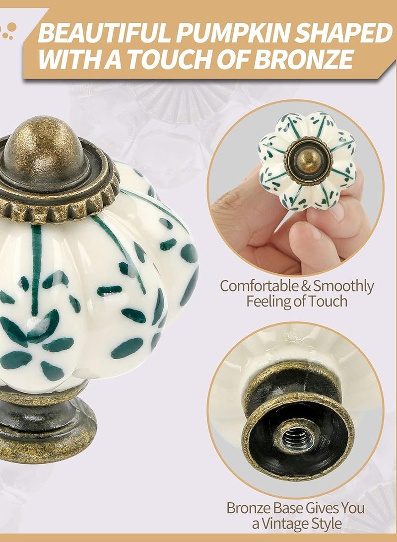 Ivory & Green Pumpkin Knobs 6 Pack Ceramic Cabinet Knobs Vintage Drawer Pulls - Antique Dresser Pulls with Screws - Green Flower - Image 2
