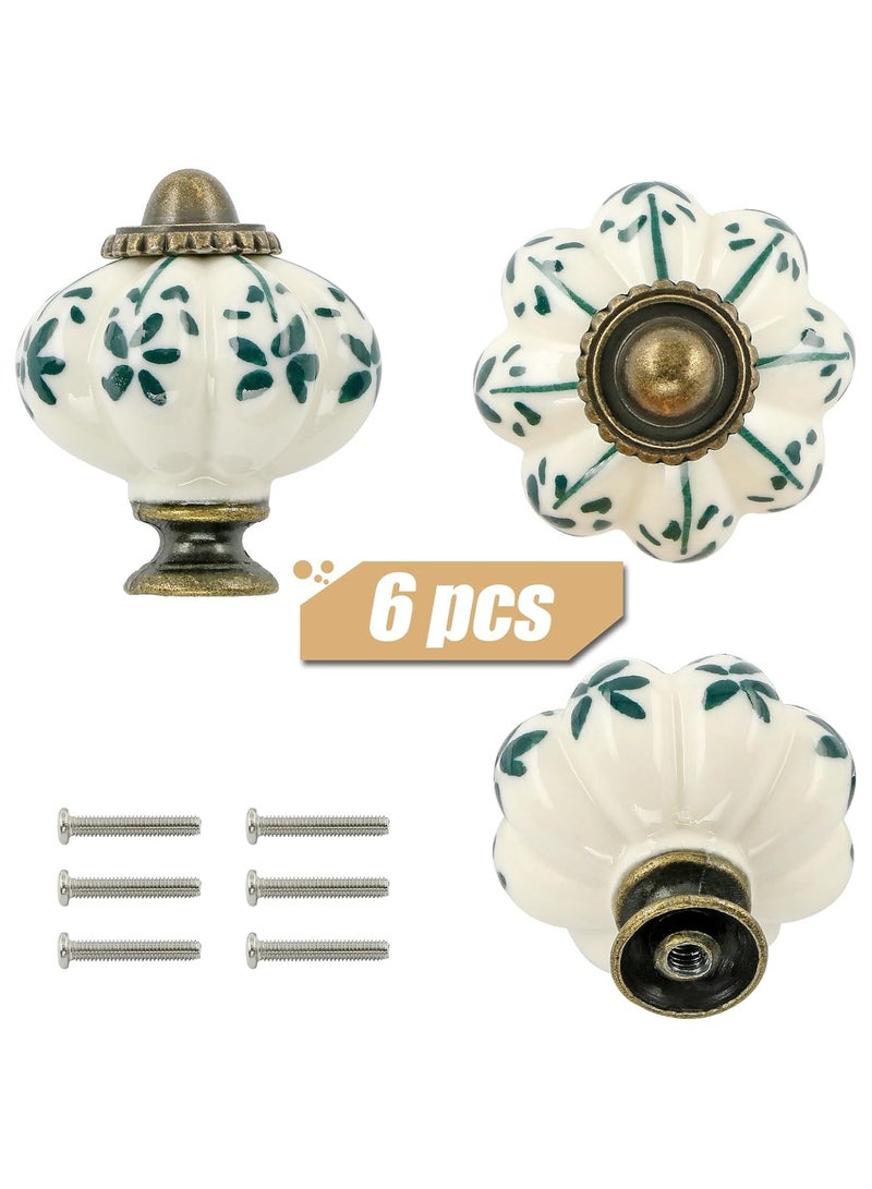 Ivory & Green Pumpkin Knobs 6 Pack Ceramic Cabinet Knobs Vintage Drawer Pulls - Antique Dresser Pulls with Screws - Green Flower - Image 3