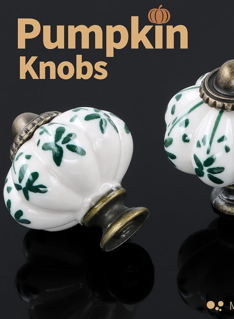 Ivory & Green Pumpkin Knobs 6 Pack Ceramic Cabinet Knobs Vintage Drawer Pulls - Antique Dresser Pulls with Screws - Green Flower - Image 4