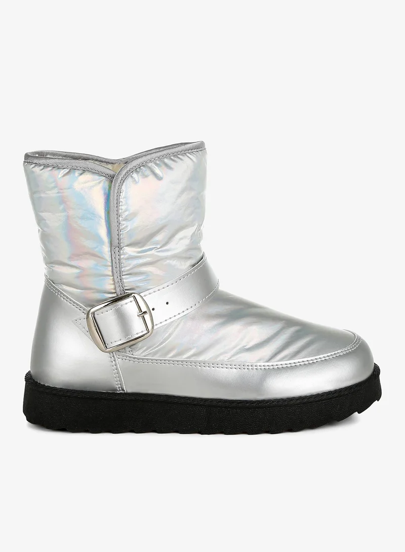 London Rag Buckle Strap Puffy Ankle Boots in Silver
