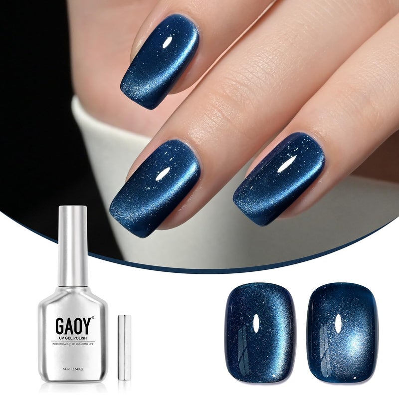 GAOY 16ml Deep Blue Cat Eye Gel Nail Polish, Glitter Holographic Nail Polish with Magnet, Reflective Translucent UV Gel, 2929 Mystic Blue - Image 1