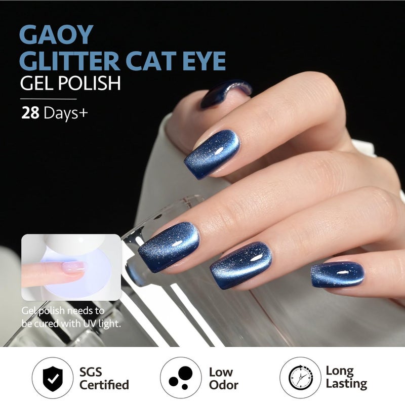 GAOY 16ml Deep Blue Cat Eye Gel Nail Polish, Glitter Holographic Nail Polish with Magnet, Reflective Translucent UV Gel, 2929 Mystic Blue - Image 4