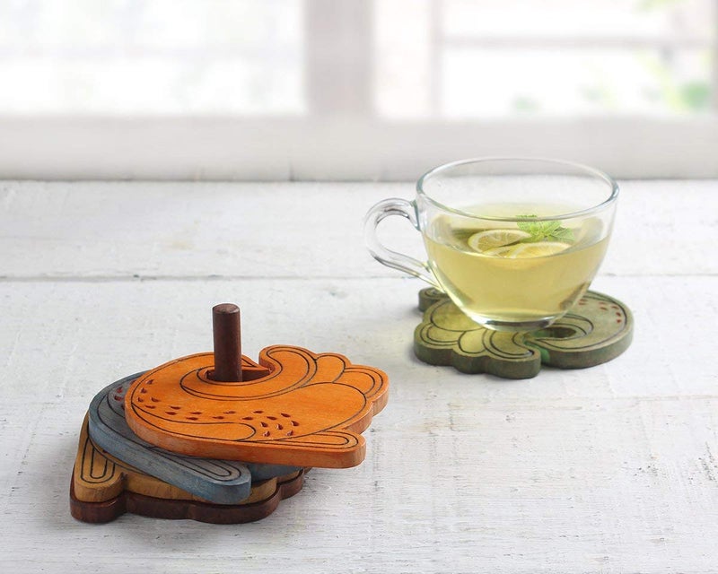 storeindya Store Indya Designed Wooden Coasters Set 4-Pack Set (Peacock Colorful) - Image 4