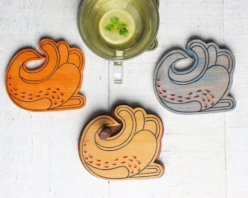 storeindya Store Indya Designed Wooden Coasters Set 4-Pack Set (Peacock Colorful) - Image 2