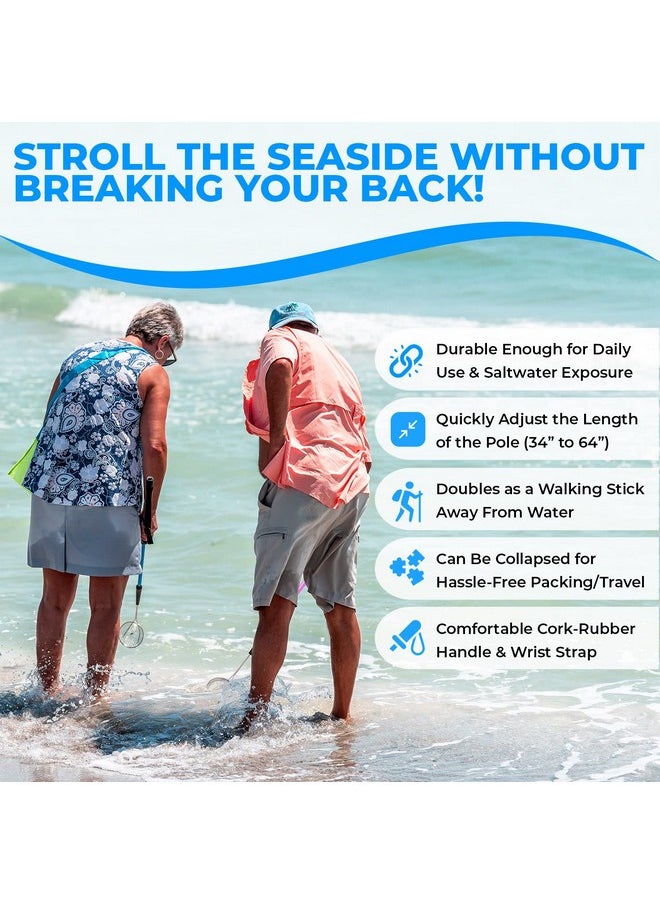 Sand Dipper - Full Size Beach Scoop Shovel & Sifter Tool For Beachcombing - Adjustable Sea Glass, Shell, Shark Tooth Sifter For The Beach - Can Be Used As A Walking Or Hiking Stick Too - 6”Basket (Blue) - Image 1