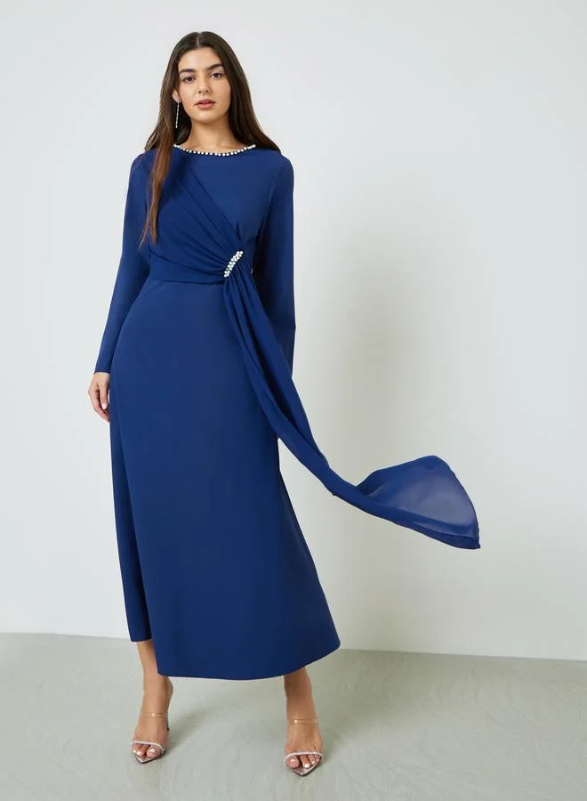 Take Two Navy Blue Embellished Draped A-Line Maxi Dress