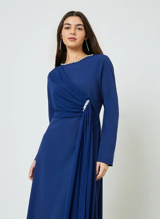 Take Two Navy Blue Embellished Draped A-Line Maxi Dress
