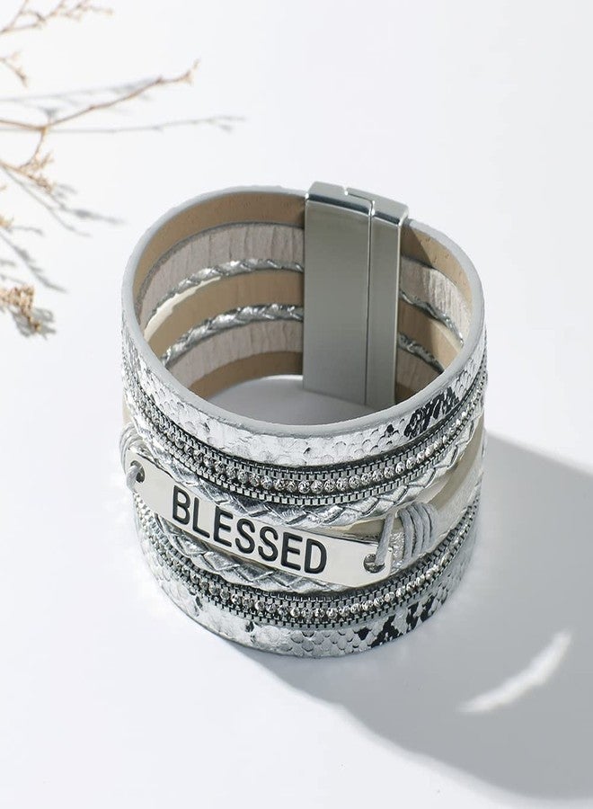 Vercret Leather Wrap Bracelet for Women - Boho Multi-Layer Blessed Inspiration Bangle Cuff Bracelet with Magnetic Clasp for lady and Mother - Image 2