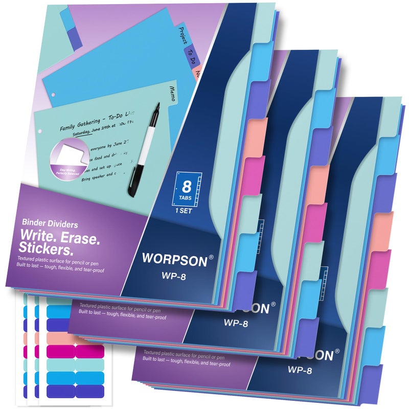 WORPSON 8 Tabs Durable Plastic Write & Erase Large Tabs Dividers for 3 Ring Binders, Rectangle Binder Dividers with Sticker for Study, Teacher, Office, Home Organizers (Multi A, 3 Set (24 Tab)) - Image 1