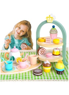 NNEWVANTE Tea Party Set, 2 Year Old Girl Birthday Gift, Tea Sets for Toddlers 3-5, Tea Set for Little Girls 1-3 with Picnic Mat & Cupcake Stand & Play Kitchen Accessories, Wooden Toys Birthday Kids Girls Gifts  - Image 1