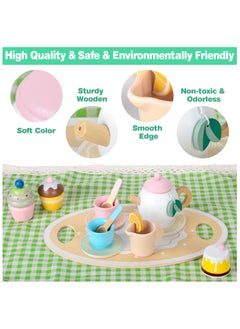 NNEWVANTE Tea Party Set, 2 Year Old Girl Birthday Gift, Tea Sets for Toddlers 3-5, Tea Set for Little Girls 1-3 with Picnic Mat & Cupcake Stand & Play Kitchen Accessories, Wooden Toys Birthday Kids Girls Gifts  - Image 3