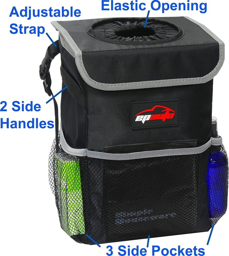 EPAuto Waterproof Car Trash Can with Lid and Storage Pockets, Black - Image 4