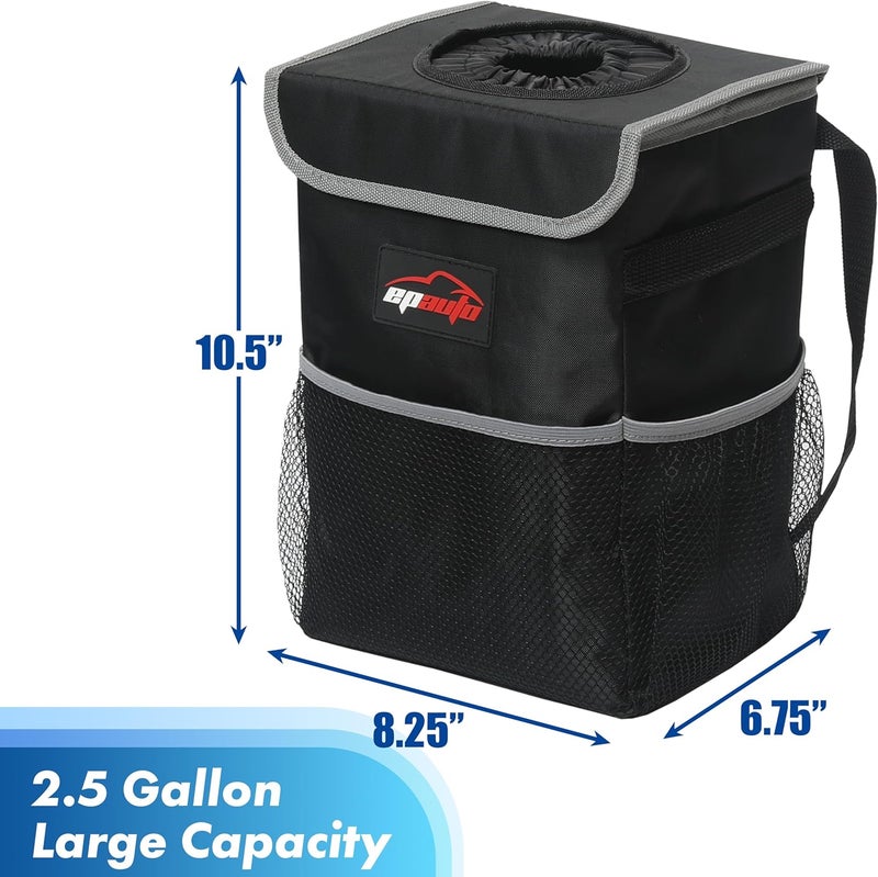 EPAuto Waterproof Car Trash Can with Lid and Storage Pockets, Black - Image 2