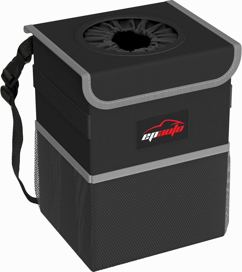 EPAuto Waterproof Car Trash Can with Lid and Storage Pockets, Black - Image 1