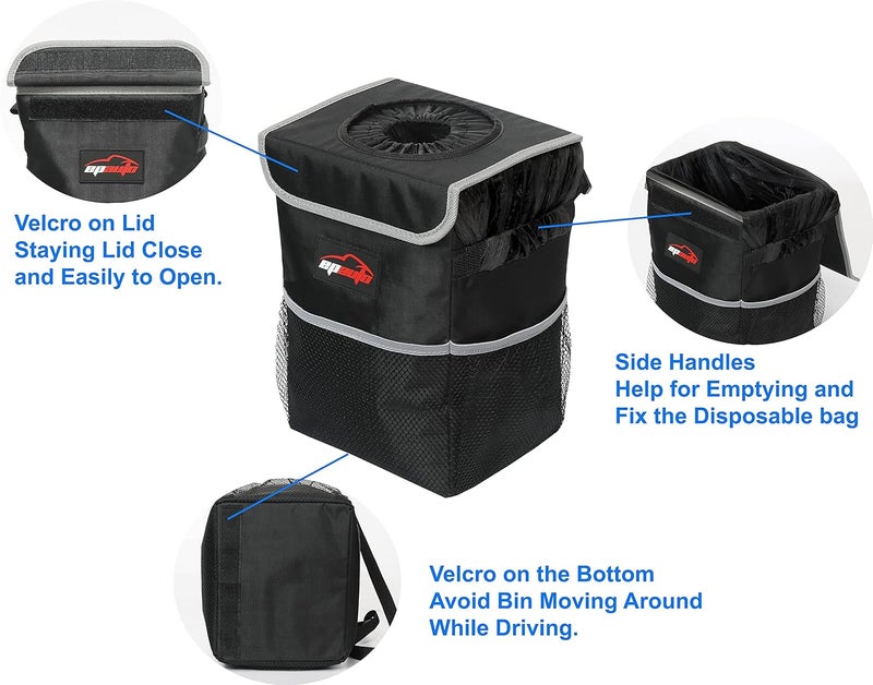 EPAuto Waterproof Car Trash Can with Lid and Storage Pockets, Black - Image 5
