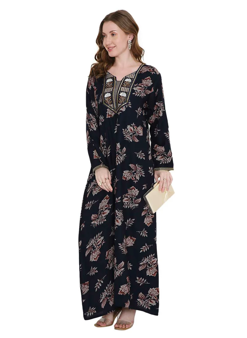 HANA & SARA THREAD-EMBROIDED ARABIC KAFTAN JALABIYA DRESS PRINTED WITH AN ELEGANT CASUAL LONG DESIGN