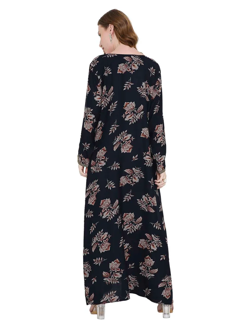 HANA & SARA THREAD-EMBROIDED ARABIC KAFTAN JALABIYA DRESS PRINTED WITH AN ELEGANT CASUAL LONG DESIGN