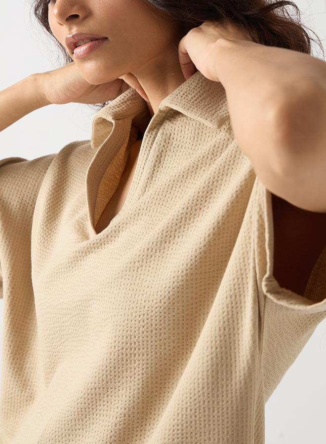 Femmella Beige Cotton Short Sleeve Knit T-Shirt - Image 4